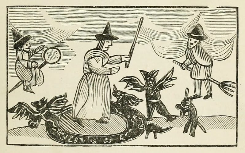 Woodcut from an 18th-century chapbook about the prophetess and supposed witch Mother Shipton, featured in Chap-books of the Eighteenth Century (1834) by John Ashton.