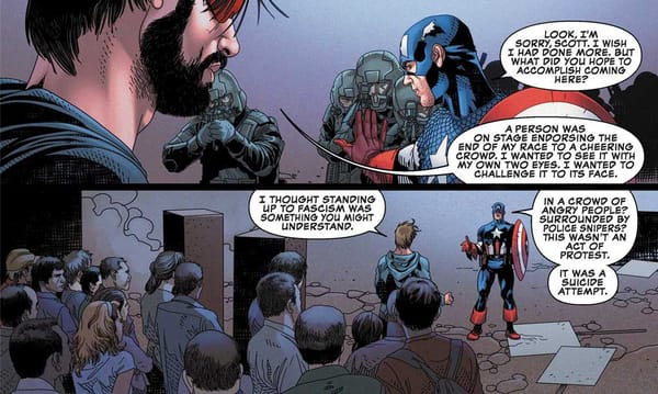 Cyclops confronts Captain America about not doing enough to help mutants.