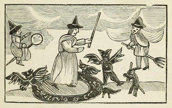 Woodcut from an 18th-century chapbook about the prophetess and supposed witch Mother Shipton, featured in Chap-books of the Eighteenth Century (1834) by John Ashton.